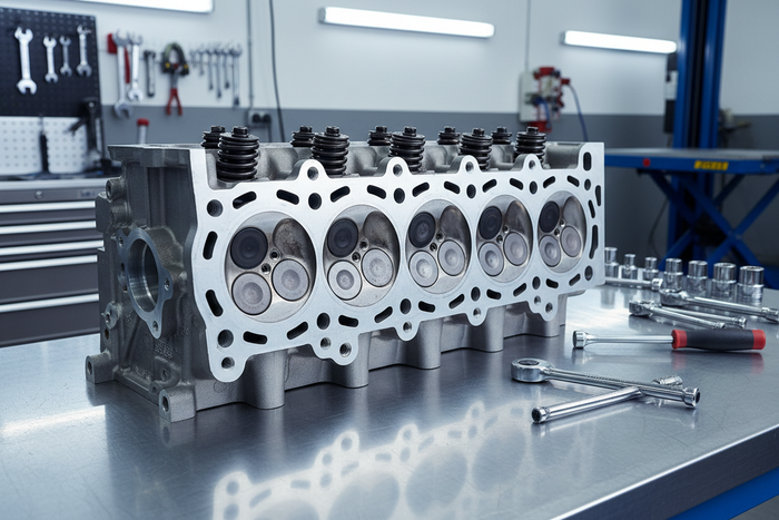 a 6 cylinder engine cylinder head assembly on a workbench in a garage
