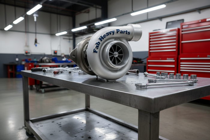 a new turbocharger with Fab Heavy Parts logo, the turbocharger is on a workbench in a garage