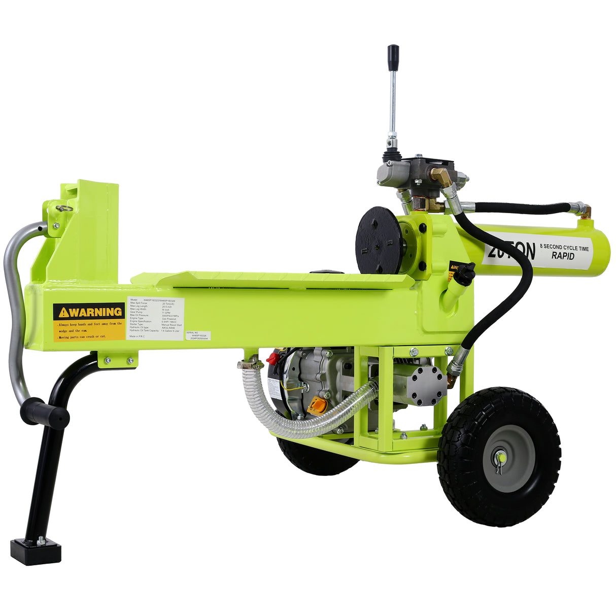 Log Splitter Portable 20 Ton Auto Return Ram System 7HP Engine Horizontal Full Beam Steel Wedge Firewood Splitting Forestry Harvesting EPA Compliant--Green