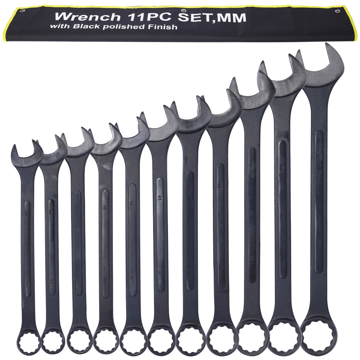 11 Piece Jumbo Combination Wrench Set Metric 1-5/16'' to 2'' Black Oxide with Pouch