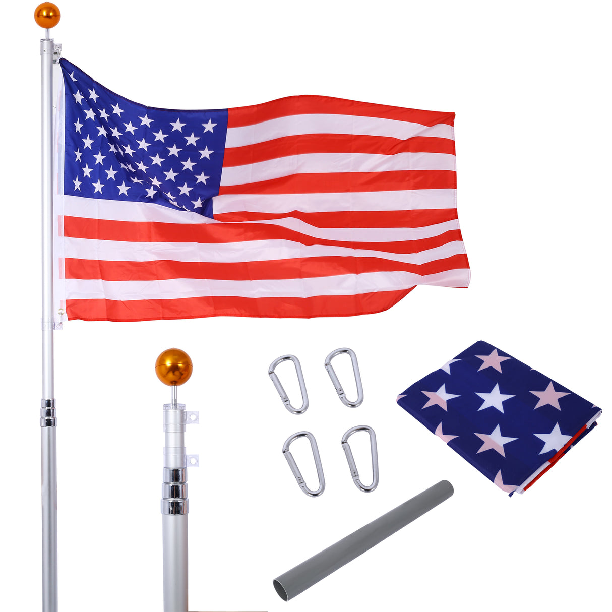16FT Telescopic Sectional Flag Pole Kit Extra Thick Heavy Duty Aluminum Inground with Topper Balls