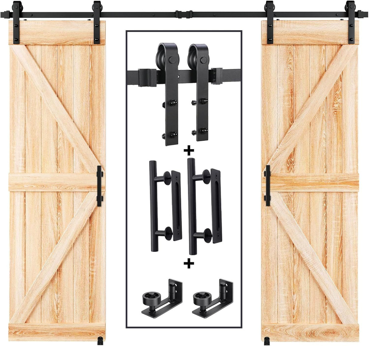 10FT Wood Double Sliding Barn Door Hardware Kit Basic Black Big Spoke Wheel Roller Kit