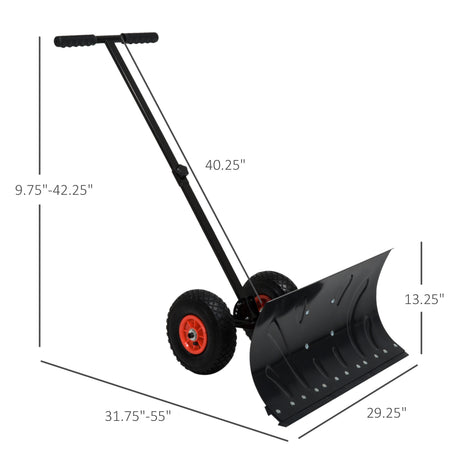 Snow Shovel with Wheels Pusher Cushioned Adjustable Angle Handle Removal Tool 29" Blade 10" Wheels--Black