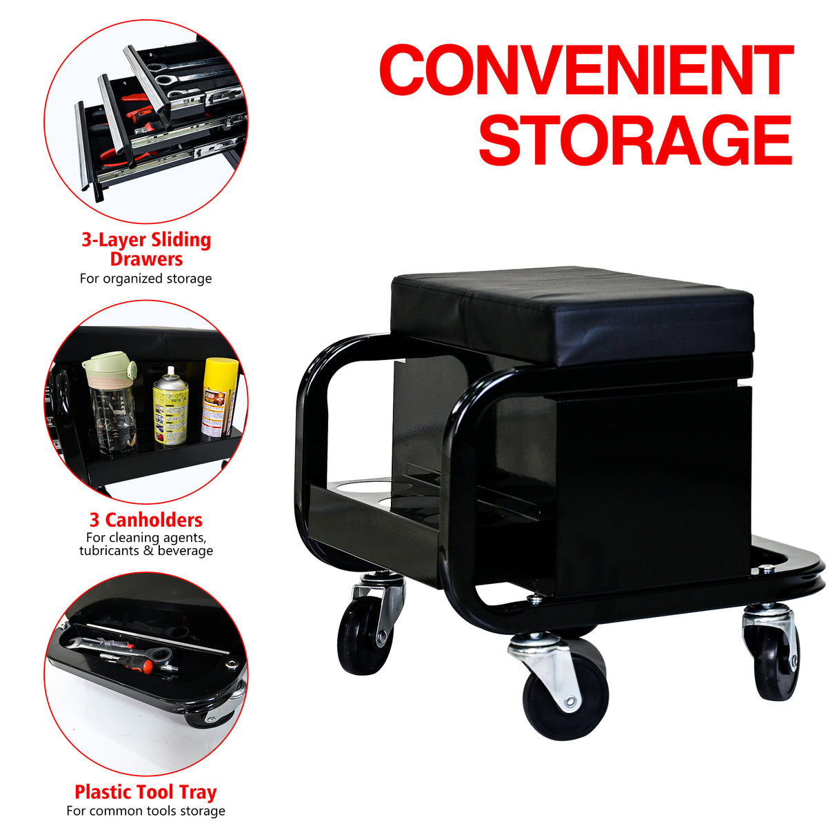 300 Lbs Capacity Heavy Duty Rolling Bench with 360 Degree Swivel Wheels--Black