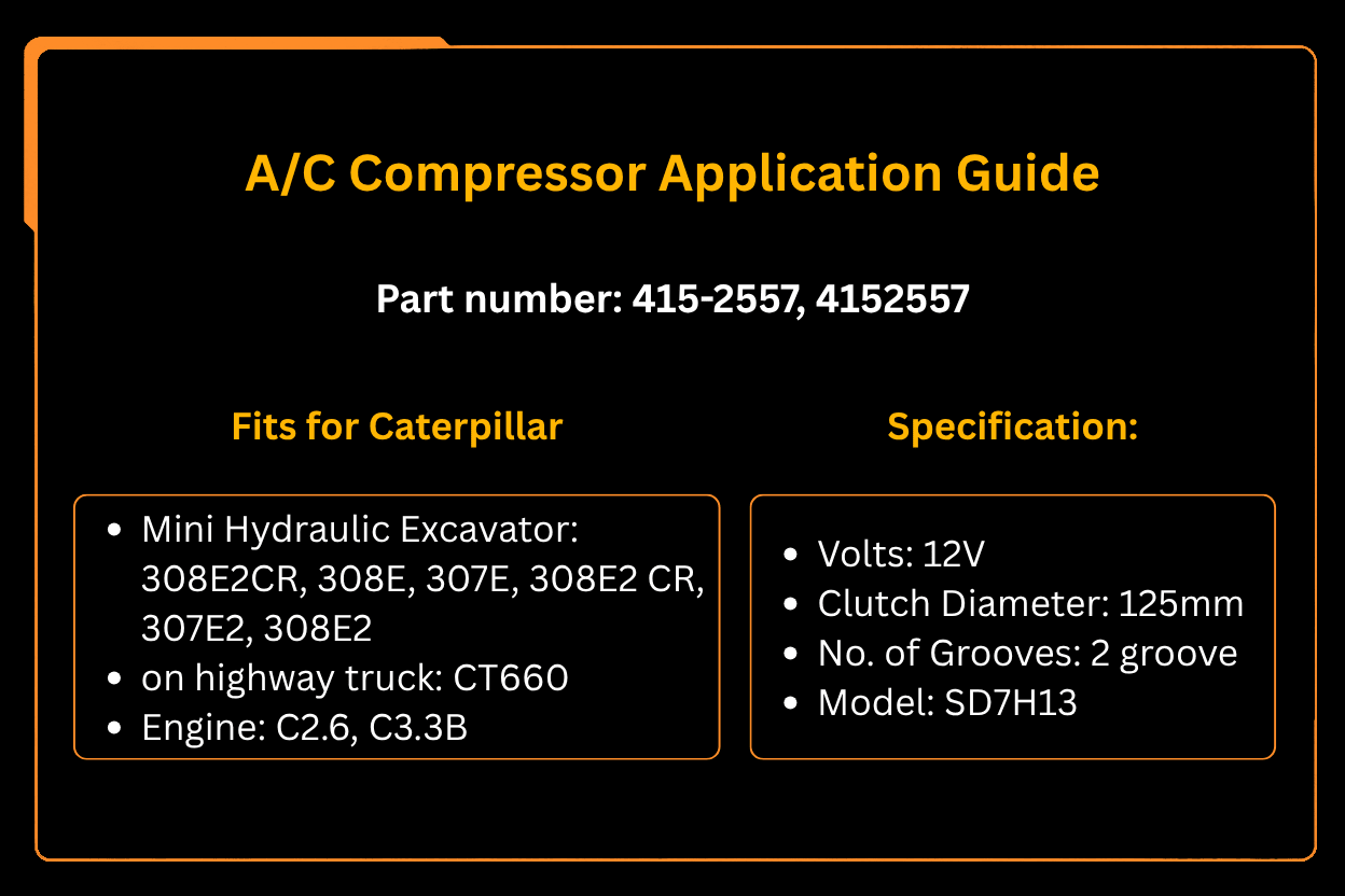 A/C Compressor 415 - 2557 4152557 Fits for Caterpillar CAT Excavator 307 307E 307E2 308E 308E2 Engine C2.6 C3.3B - Fab Heavy Parts