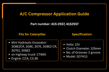 A/C Compressor 415 - 2557 4152557 Fits for Caterpillar CAT Excavator 307 307E 307E2 308E 308E2 Engine C2.6 C3.3B - Fab Heavy Parts