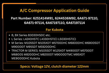 A/C Compressor 6A671 - 97110 Fits For Kubota M105 M4900 M5700 M6800 M8200 M9000 Tractor - Fab Heavy Parts
