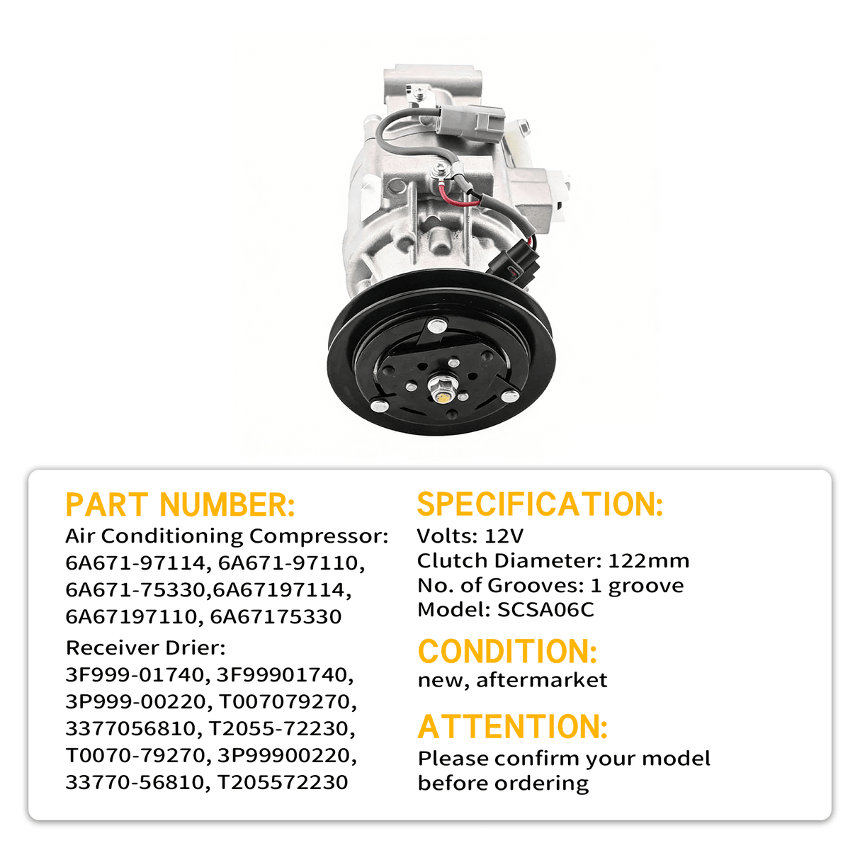 A/C Compressor 6A671 - 97114 & Receiver Drier 3F999 - 01740 Fits for Kubota Tractor M105 M105S M95SD M108 M4900 M5700 M6800 M8200 L3240 L3940 L4630 - Fab Heavy Parts