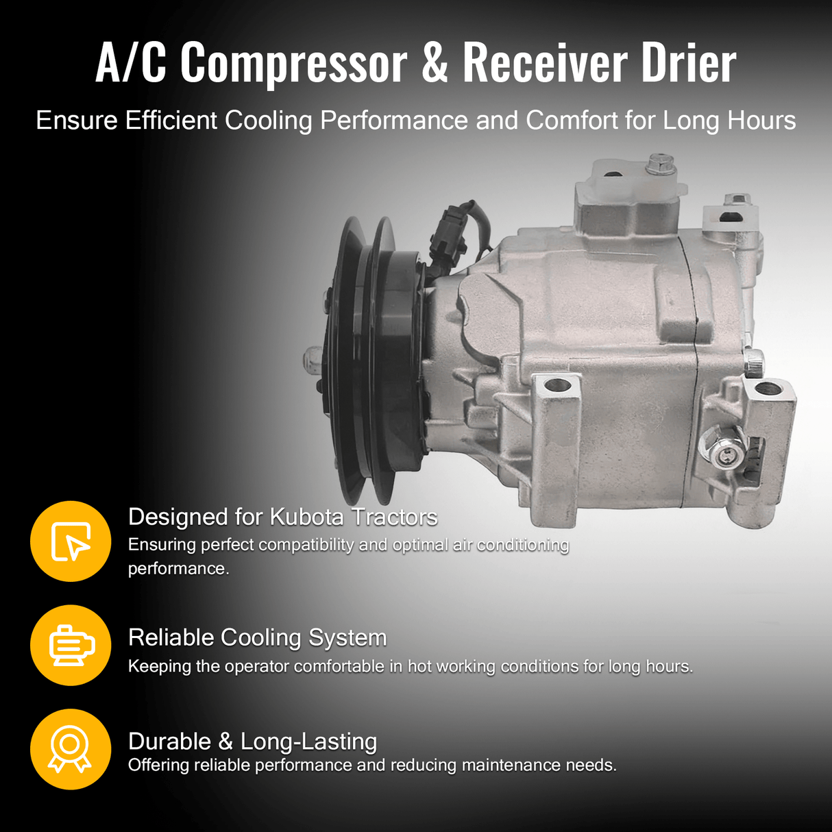 A/C Compressor 6A671 - 97114 & Receiver Drier 3F999 - 01740 Fits for Kubota Tractor M105 M105S M95SD M108 M4900 M5700 M6800 M8200 L3240 L3940 L4630 - Fab Heavy Parts