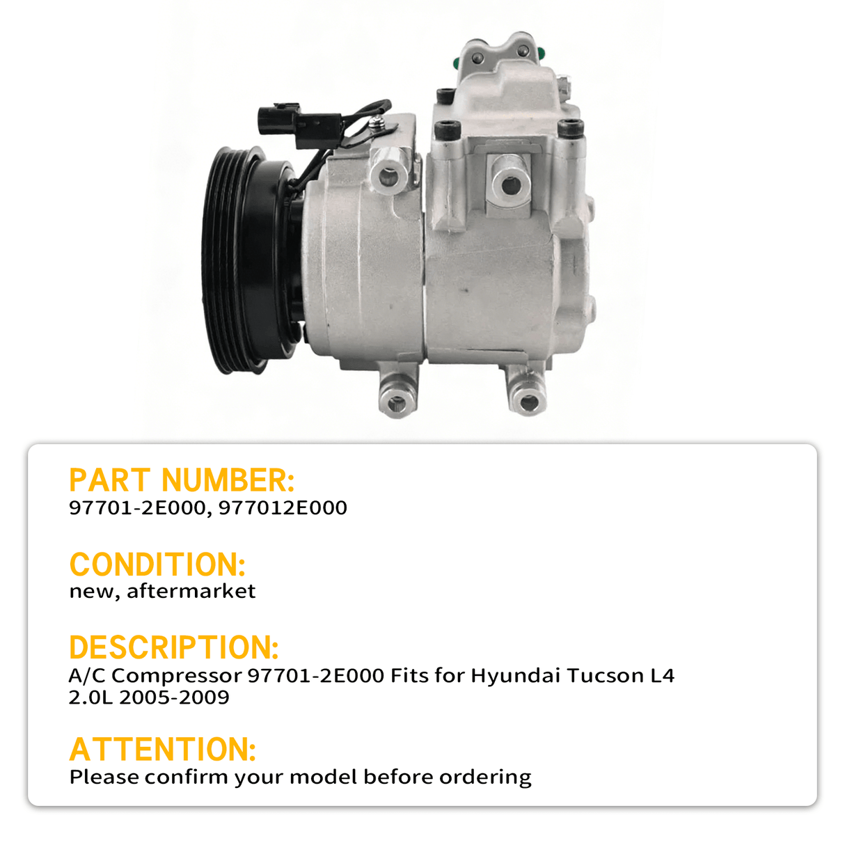A/C Compressor 97701 - 2E000 Fits for Hyundai Tucson L4 2.0L 2005 - 2009 - Fab Heavy Parts