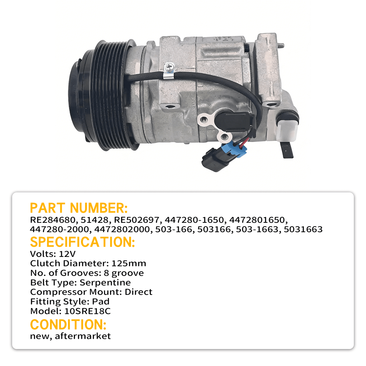 A/C Compressor RE284680 Fits for John Deere Tractor Serie 5000/6000 5065M 5085M 6105M - Fab Heavy Parts