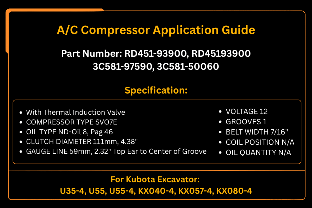 A/C Compressor SV07E RD451 - 93900 Fits for Kubota U35 - 4 U55 KX040 - 4 KX057 - 4 KX080 - 4 - Fab Heavy Parts