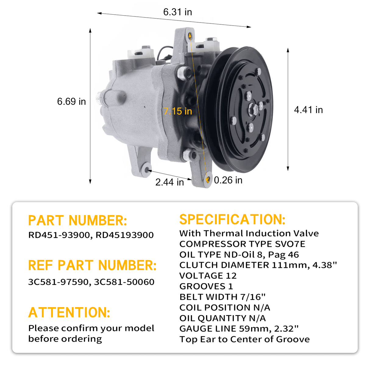 A/C Compressor SV07E RD451 - 93900 Fits for Kubota U35 - 4 U55 KX040 - 4 KX057 - 4 KX080 - 4 - Fab Heavy Parts
