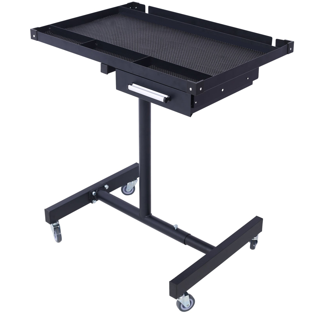 Adjustable Tear Down Work Table with Drawer (4) 2.5" Swivel Casters 220 Lbs Capacity Rubber Corners Heavy Duty Steel - Black - Fab Heavy Parts