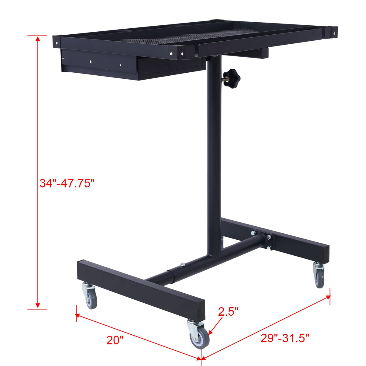 Adjustable Tear Down Work Table with Drawer (4) 2.5" Swivel Casters 220 Lbs Capacity Rubber Corners Heavy Duty Steel - Black - Fab Heavy Parts