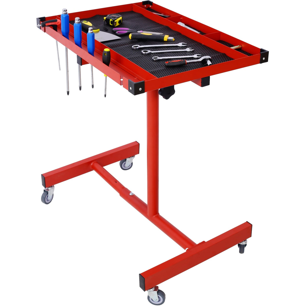 Adjustable Work Table with Drawer 2.5' Swivel Casters 220 Lbs Capacity Rubber Corners Heavy Duty Steel - Red - Fab Heavy Parts