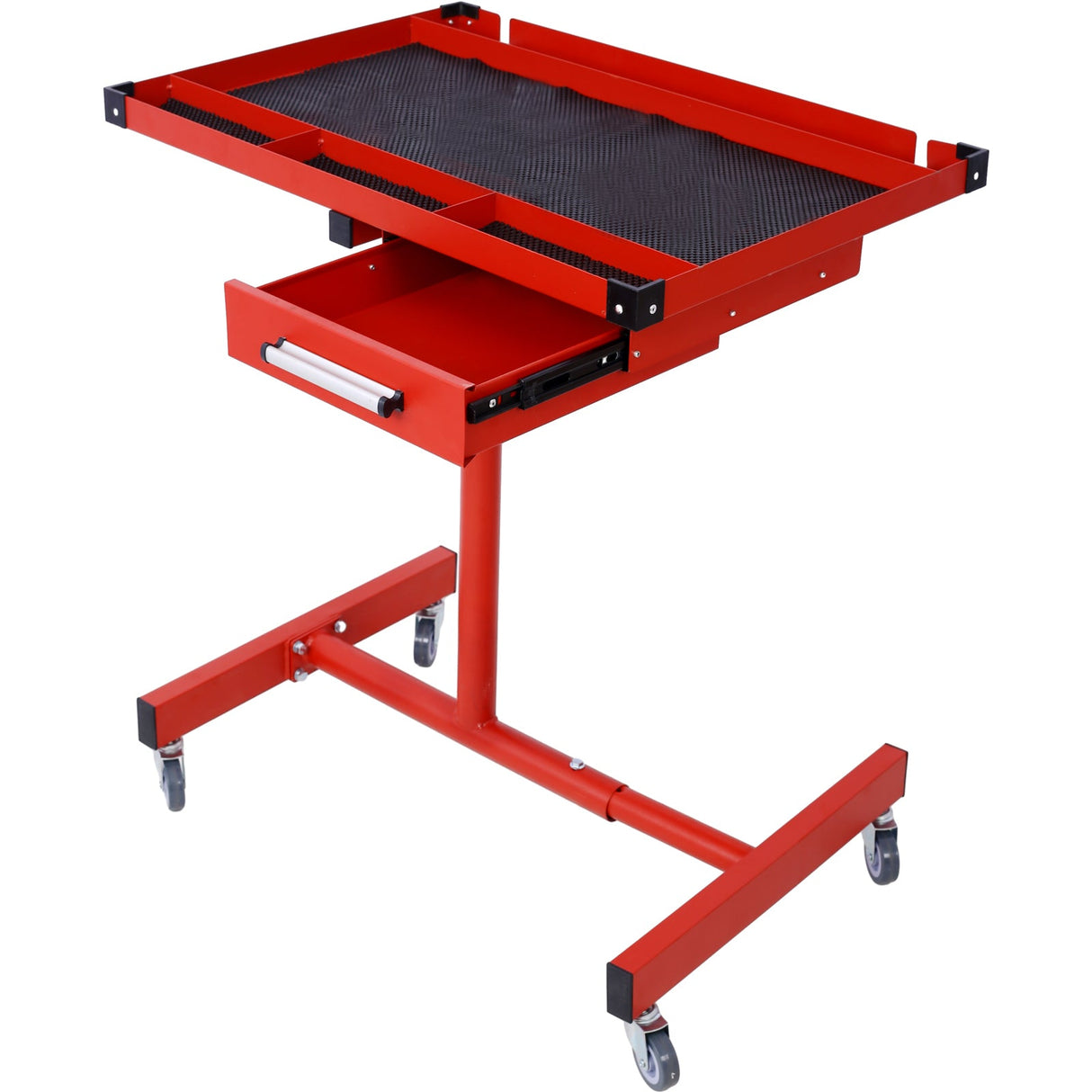 Adjustable Work Table with Drawer 2.5' Swivel Casters 220 Lbs Capacity Rubber Corners Heavy Duty Steel - Red - Fab Heavy Parts