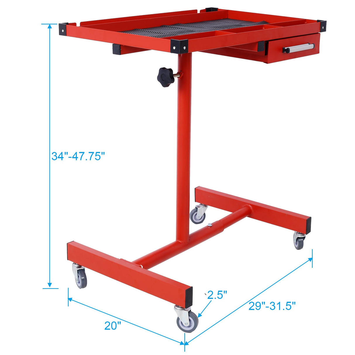 Adjustable Work Table with Drawer 2.5' Swivel Casters 220 Lbs Capacity Rubber Corners Heavy Duty Steel - Red - Fab Heavy Parts