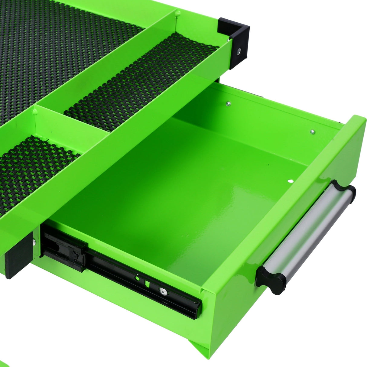 Adjustable Work Table with Drawer Portable (4) 2.5' Swivel Casters 220 Lbs Capacity Rubber Corners Heavy Duty Steel - Green - Fab Heavy Parts