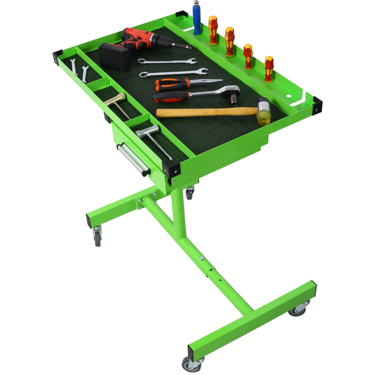 Adjustable Work Table with Drawer Portable (4) 2.5' Swivel Casters 220 Lbs Capacity Rubber Corners Heavy Duty Steel - Green - Fab Heavy Parts