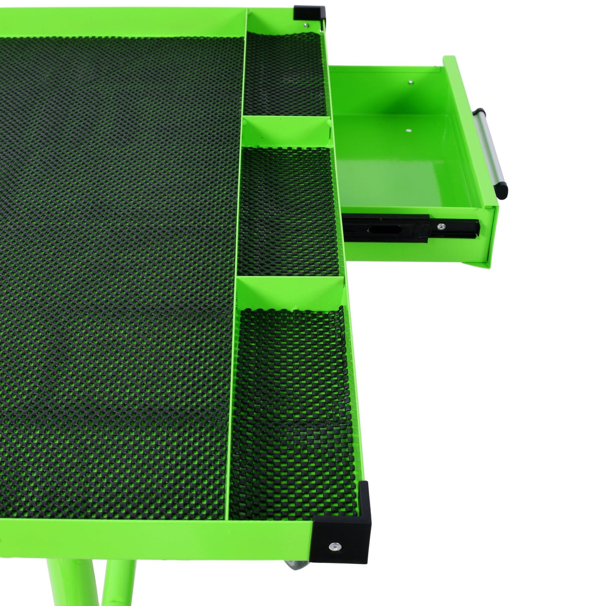 Adjustable Work Table with Drawer Portable (4) 2.5' Swivel Casters 220 Lbs Capacity Rubber Corners Heavy Duty Steel - Green - Fab Heavy Parts