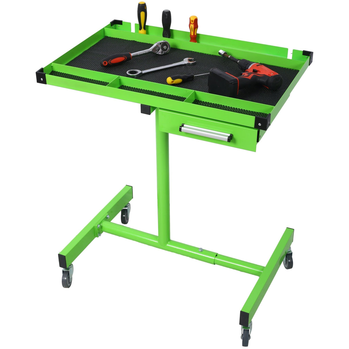 Adjustable Work Table with Drawer Portable (4) 2.5' Swivel Casters 220 Lbs Capacity Rubber Corners Heavy Duty Steel - Green - Fab Heavy Parts