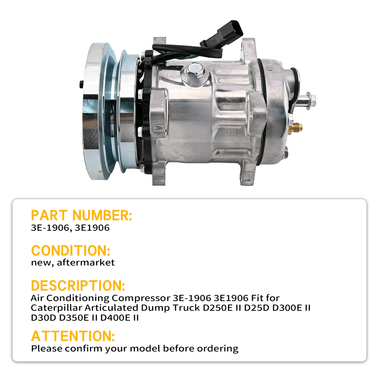 Air Conditioning Compressor 3E - 1906 3E1906 Fit for Caterpillar Articulated Dump Truck D250E II D25D D300E II D30D D350E II D400E II - Fab Heavy Parts