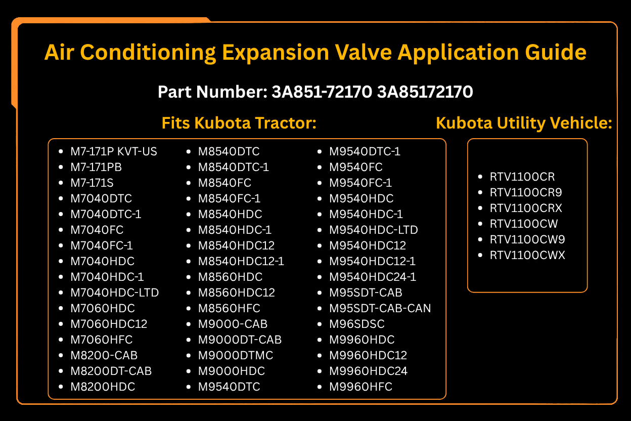 Air Conditioning Expansion Valve 3A851 - 72170 for Kubota Tractor M100GXDTC M108SHC M6040HDC M7040HDC M9000HDC - Fab Heavy Parts
