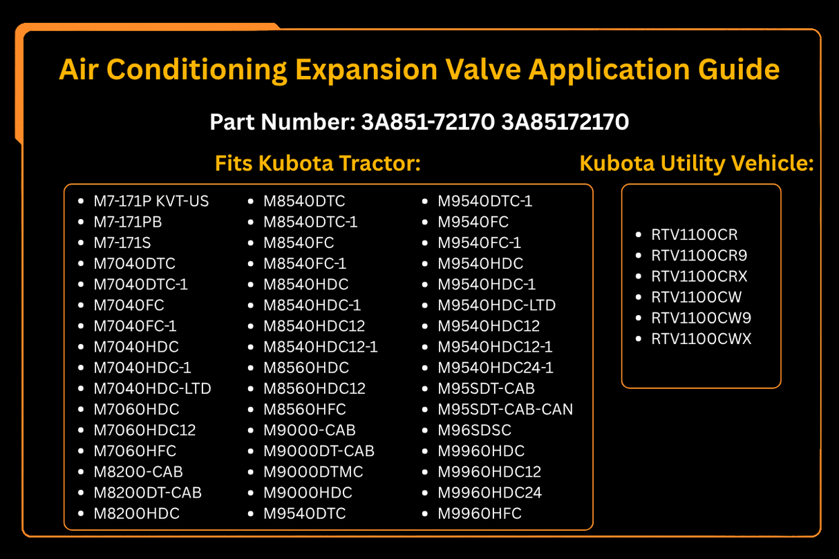 Air Conditioning Expansion Valve 3A851 - 72170 for Kubota Tractor M100GXDTC M108SHC M6040HDC M7040HDC M9000HDC - Fab Heavy Parts