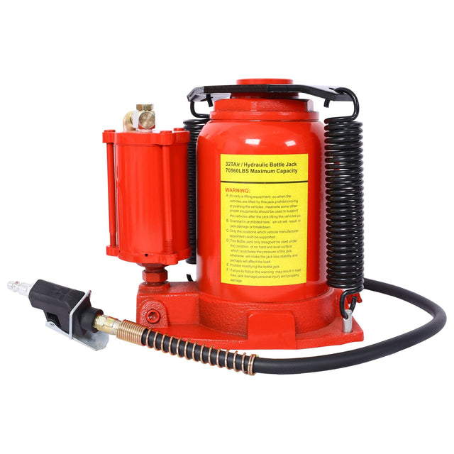 Air Hydraulic Bottle Jack 32 Ton/70550 LBS All Welded 10 - 16.3 inch Lifting Range Manual Handle and Air Pump - Red - Fab Heavy Parts