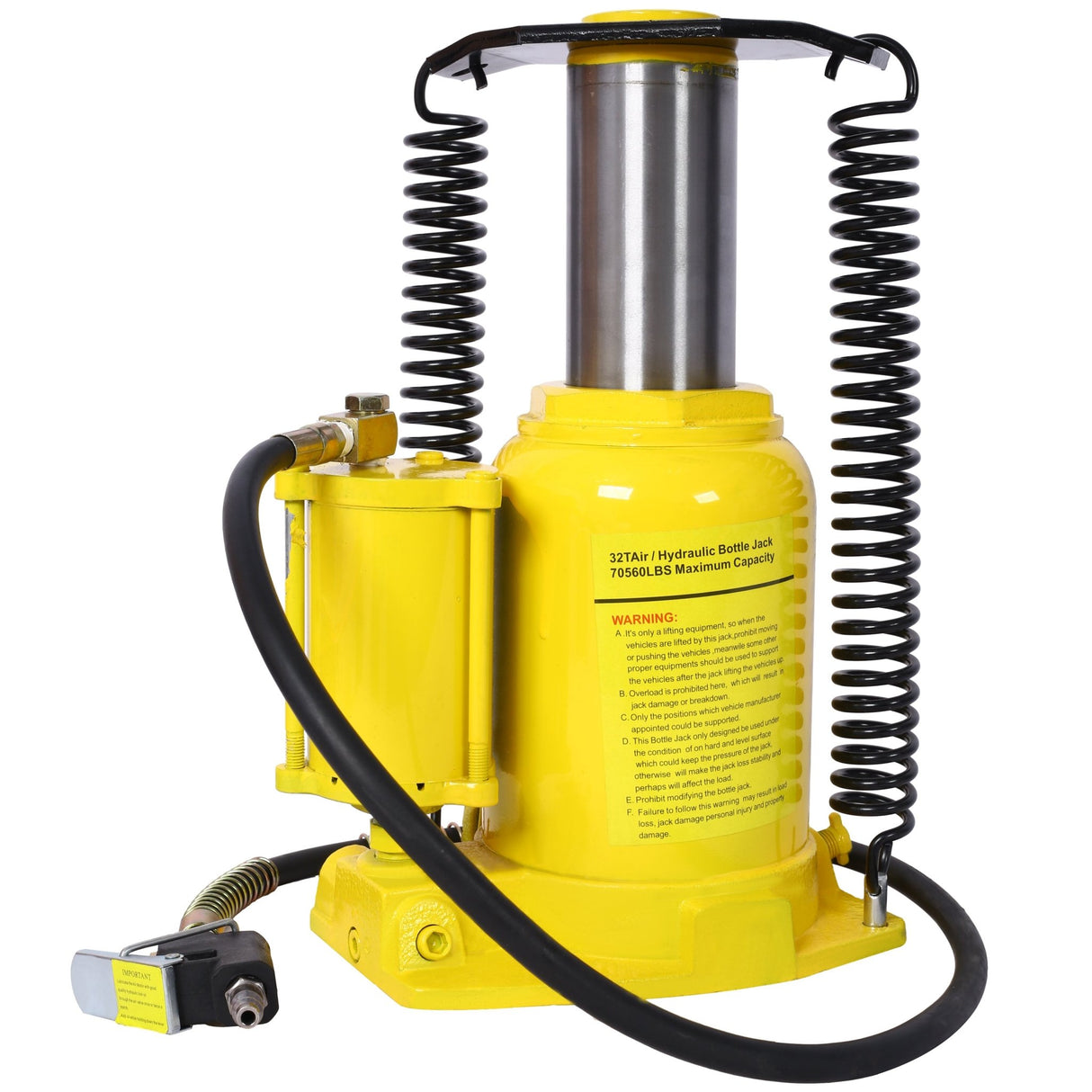 Air Hydraulic Bottle Jack 32 Ton/70550 LBS All Welded 10 - 16.3 inch Lifting Range Manual Handle and Air Pump - Yellow - Fab Heavy Parts