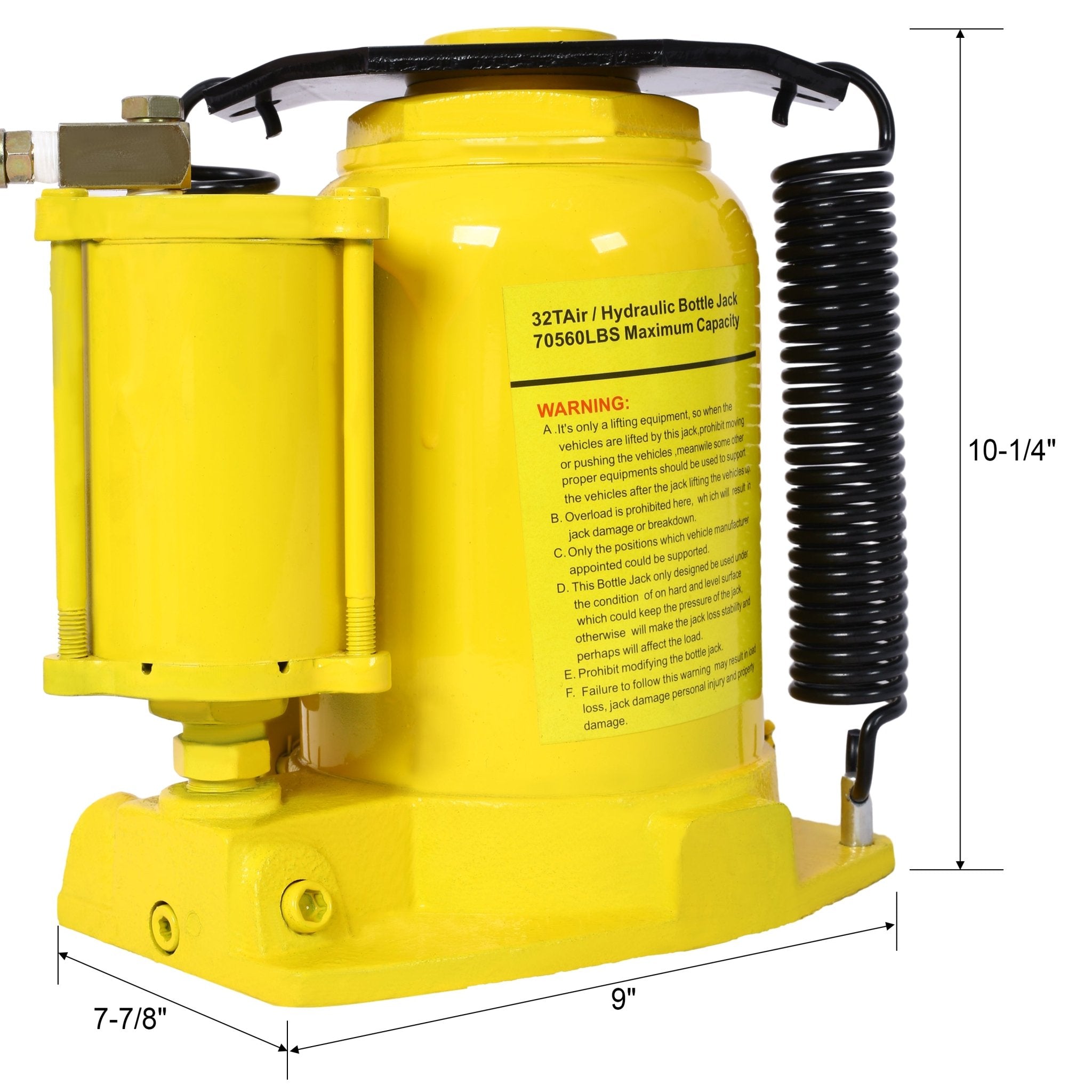Air Hydraulic Bottle Jack 32 Ton/70550 LBS All Welded 10 - 16.3 inch Lifting Range Manual Handle and Air Pump - Yellow - Fab Heavy Parts