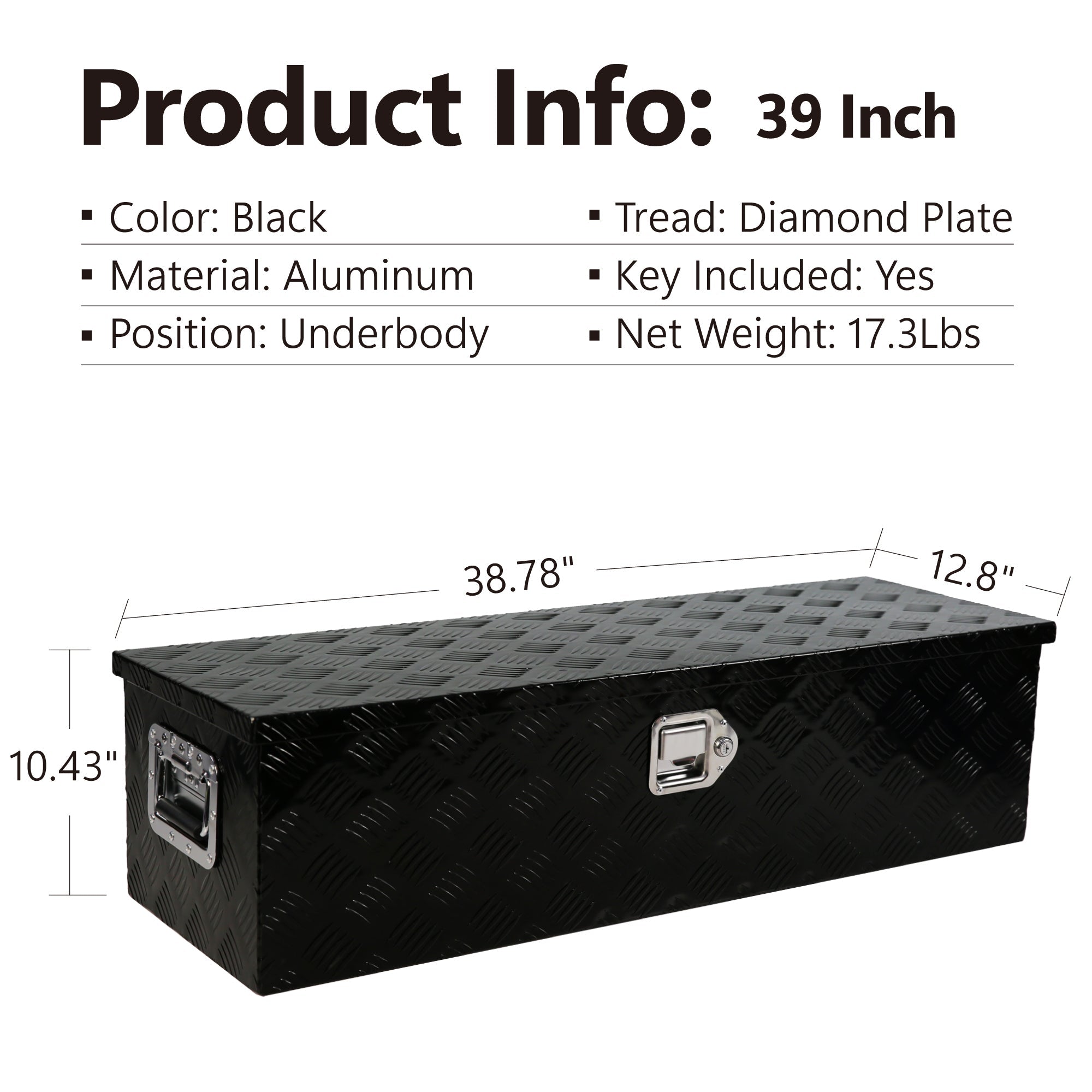 Aluminum Long Tool Box with Side Handle Lock and 2 Keys 38.8