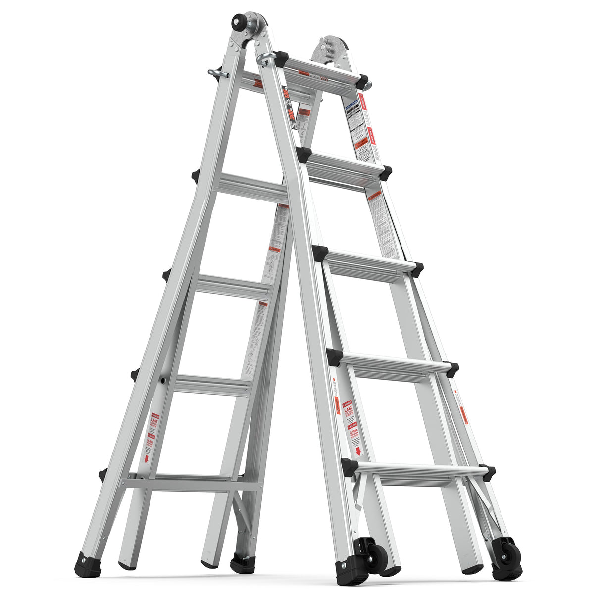 Aluminum Multi - Position Ladder with Wheels 300 lbs Weight Rating 22 FT - Metallic Grey - Fab Heavy Parts
