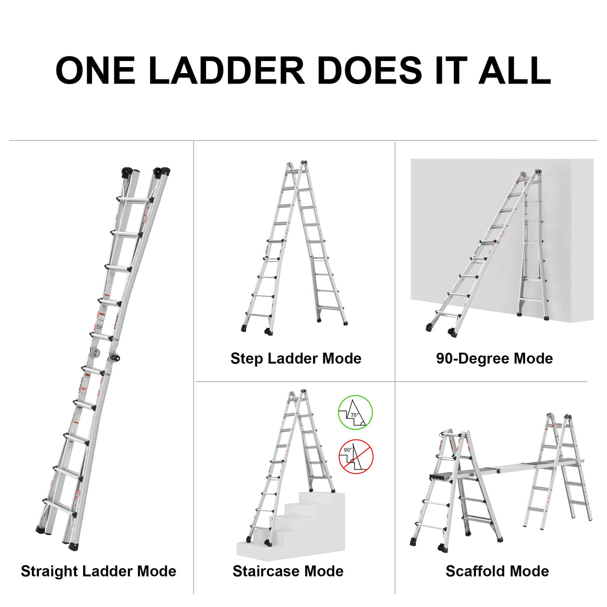 Aluminum Multi - Position Ladder with Wheels 300 lbs Weight Rating 22 FT - Metallic Grey - Fab Heavy Parts