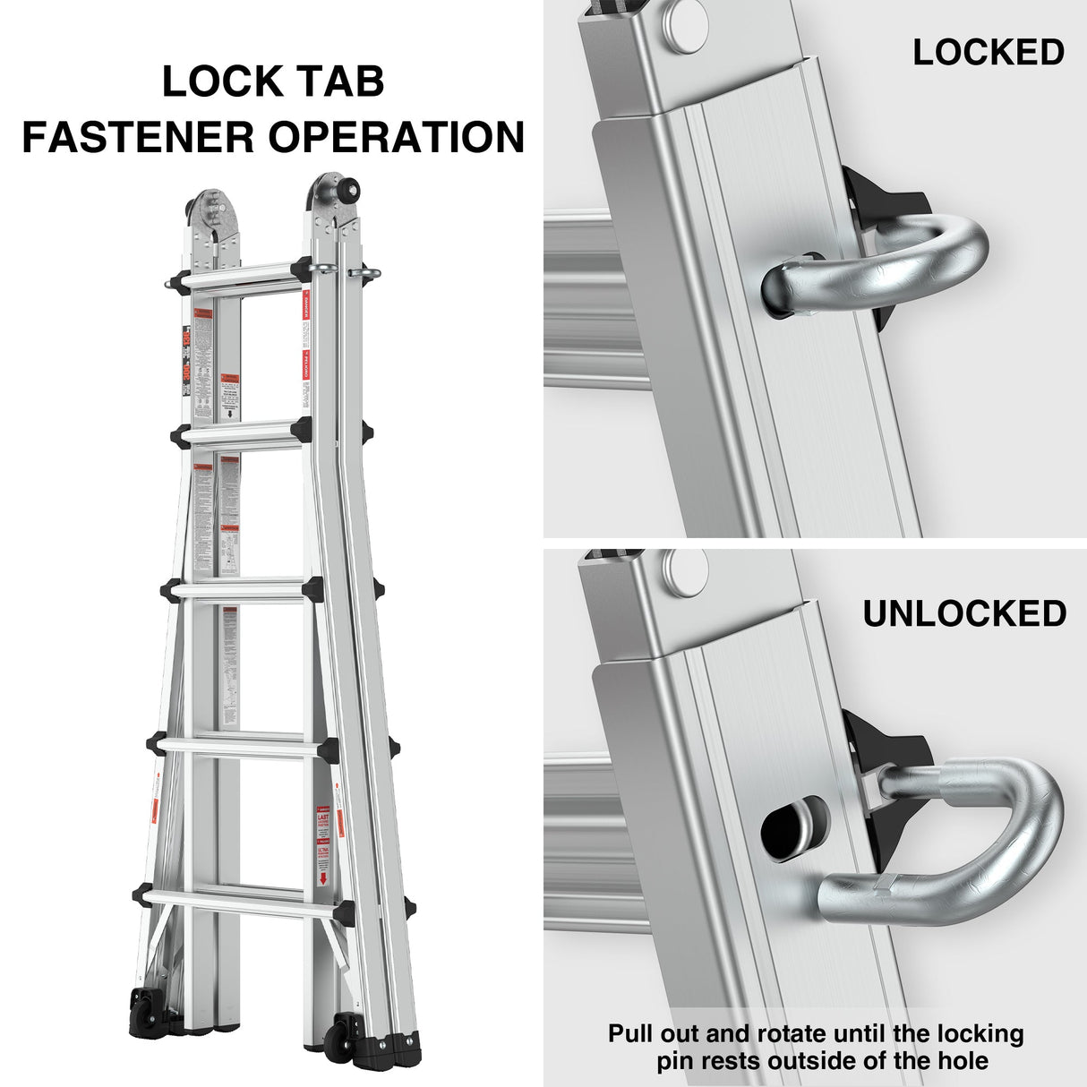 Aluminum Multi - Position Ladder with Wheels 300 lbs Weight Rating 22 FT - Metallic Grey - Fab Heavy Parts