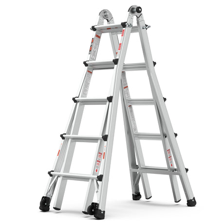 Aluminum Multi - Position Ladder with Wheels 300 lbs Weight Rating 22 FT - Metallic Grey - Fab Heavy Parts
