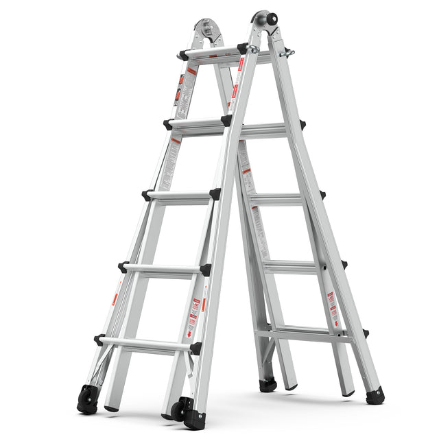 Aluminum Multi - Position Ladder with Wheels 300 lbs Weight Rating 22 FT - Metallic Grey - Fab Heavy Parts