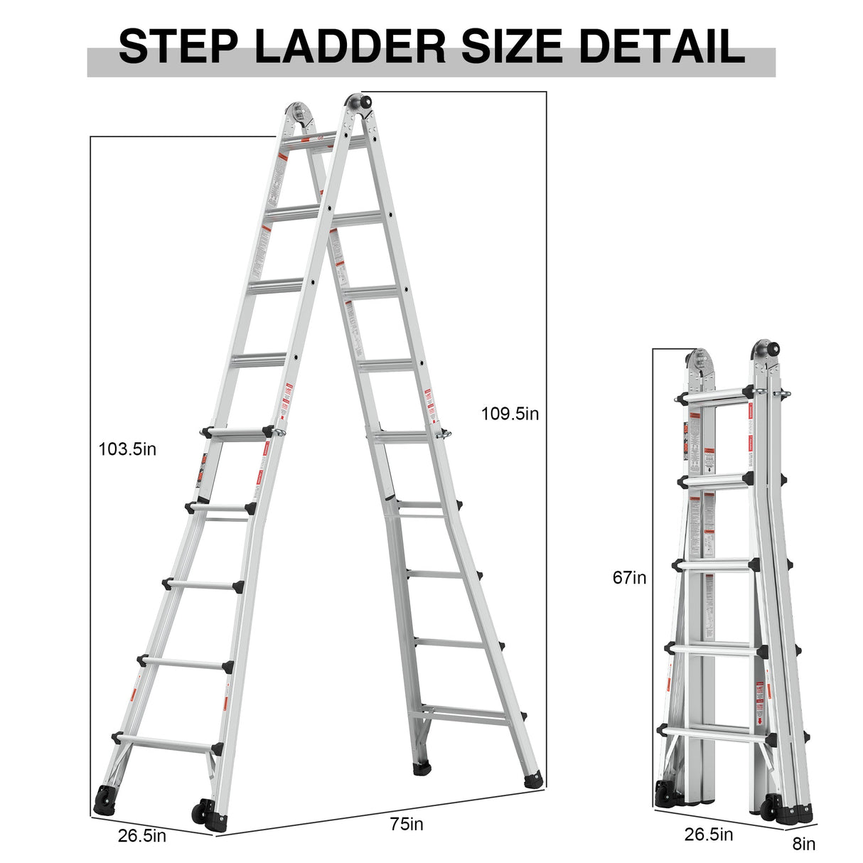 Aluminum Multi - Position Ladder with Wheels 300 lbs Weight Rating 22 FT - Metallic Grey - Fab Heavy Parts