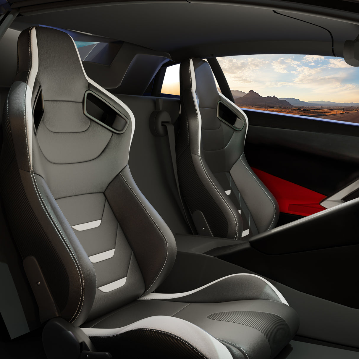 2PCS Universal Bucket Racing Seats White Stitch PVC Leather Reclinable Carbon Look Leather Back With Adjustor Slider(Not Including Seat Bracket)