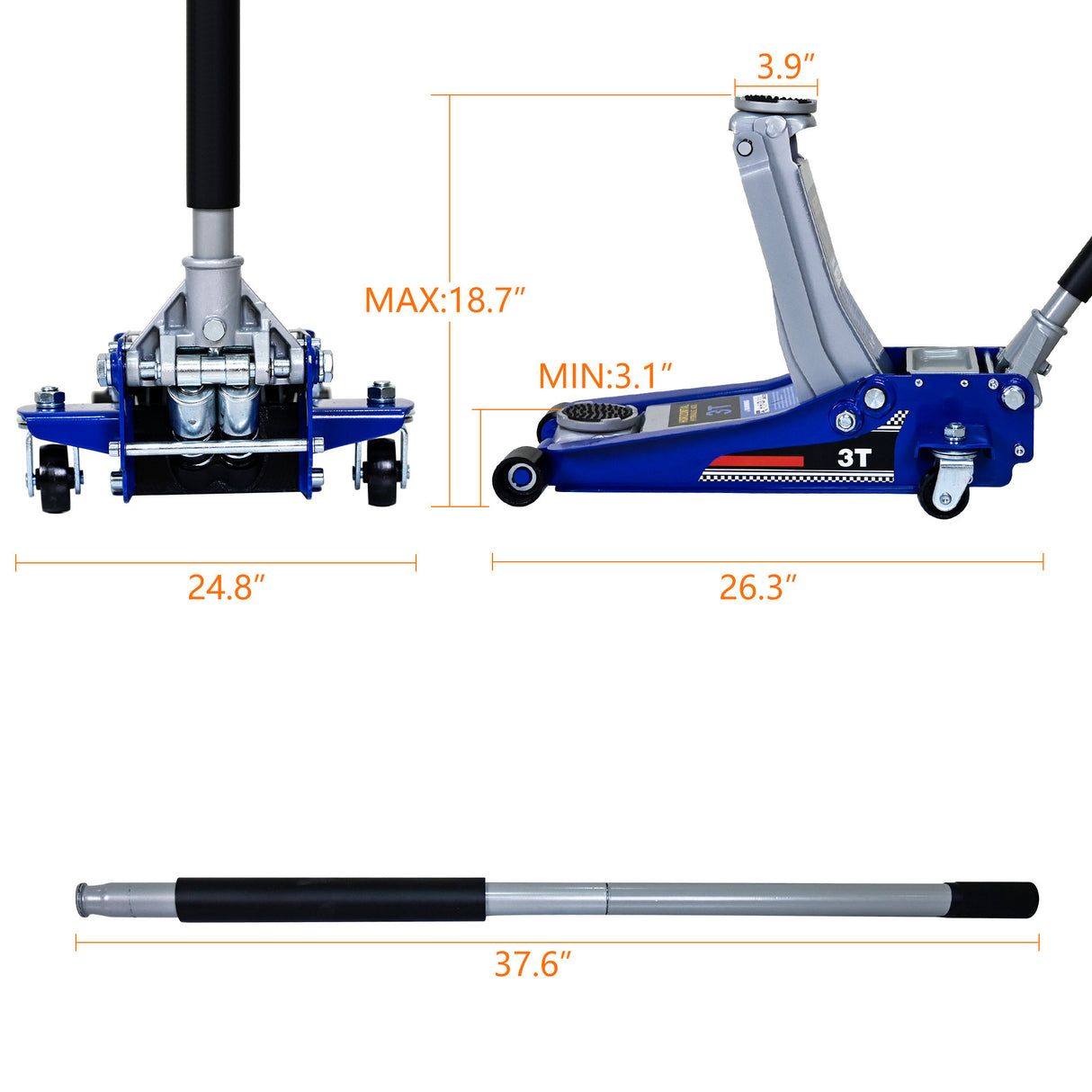 Low-Position Steel Vehicle Floor-Mounted Hydraulic Jack with Dual-Piston Quick-Lift Pump 3-Ton 6,600 Lbs. Capacity