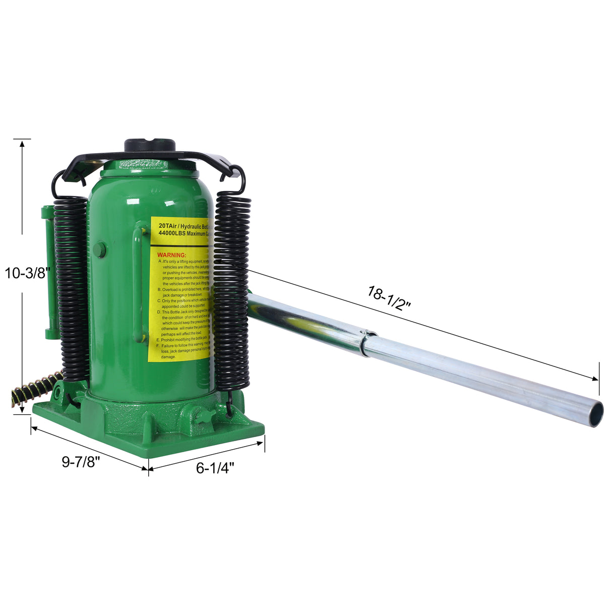 Air Hydraulic Bottle Jack 20 Ton/44029 LBS All Welded 10.2-19.7 inch Lifting Range Manual Handle and Air Pump--Green
