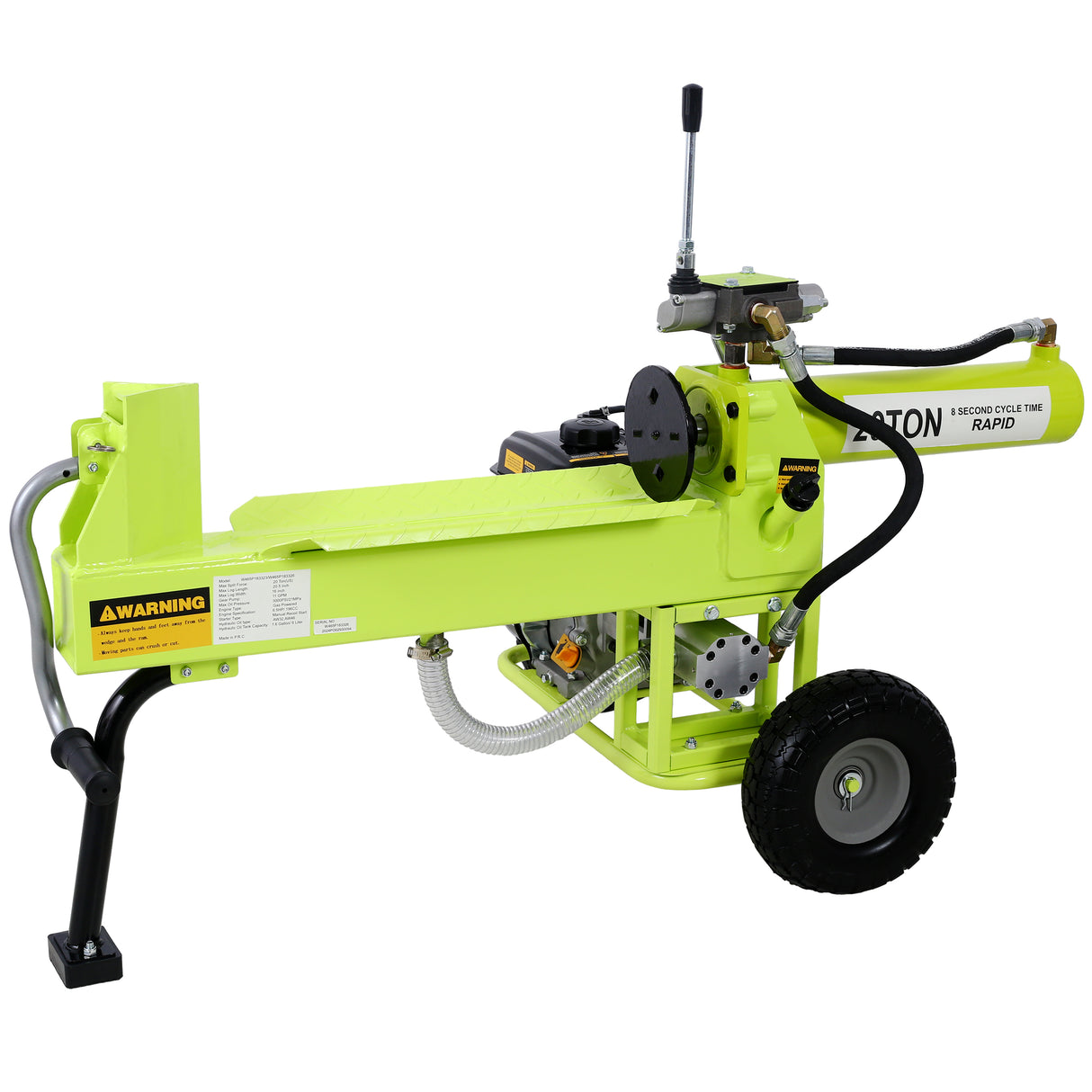 Log Splitter Portable 20 Ton Auto Return Ram System 7HP Engine Horizontal Full Beam Steel Wedge Firewood Splitting Forestry Harvesting EPA Compliant--Green