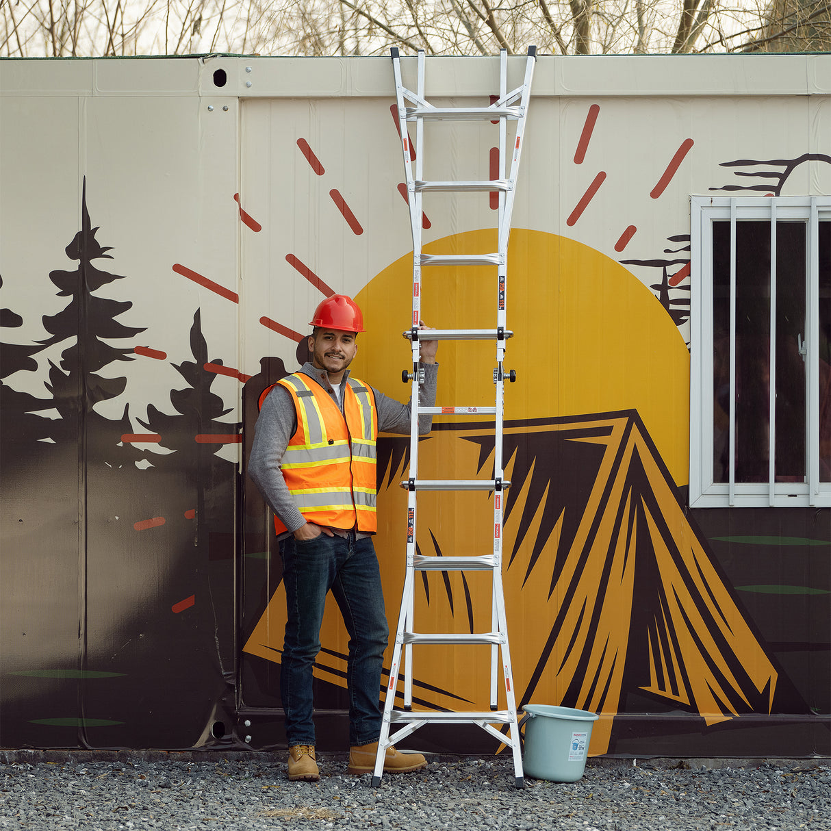 17ft Multi-Position Foldable Aluminum Ladder A-Frame and Straight Ladder ANSI 250lbs--Grey