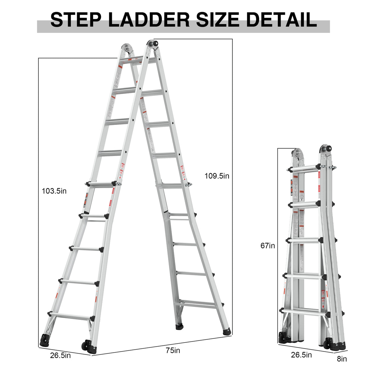 Aluminum Multi-Position Ladder with Wheels 300 lbs Weight Rating 22 FT--Metallic Grey