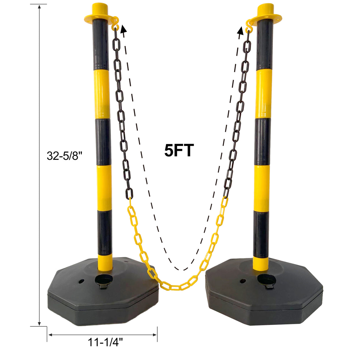 6 Pack Traffic Delineator Post Cones with Fillable Base Adjustable Safety Barrier with 5Ft Plastic Chain--Yellow+Black