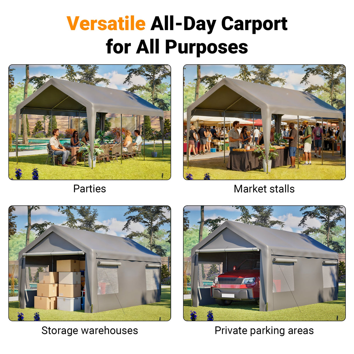 Carport Canopy 10x20 FT Heavy Duty Boat Car Canopy Garage with Removable Sidewalls and Roll - up Ventilated Windows - Fab Heavy Parts