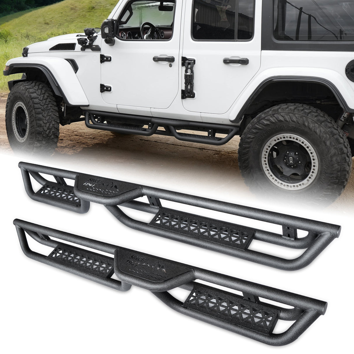 Coated Black Carbon 6 - Inch 2 - Stairs Side Step Rails Step Bars Steel Nerf Bars Running Boards Compatible with Jeep Wrangler JL 4 Doors 2018 - 2025 - Fab Heavy Parts