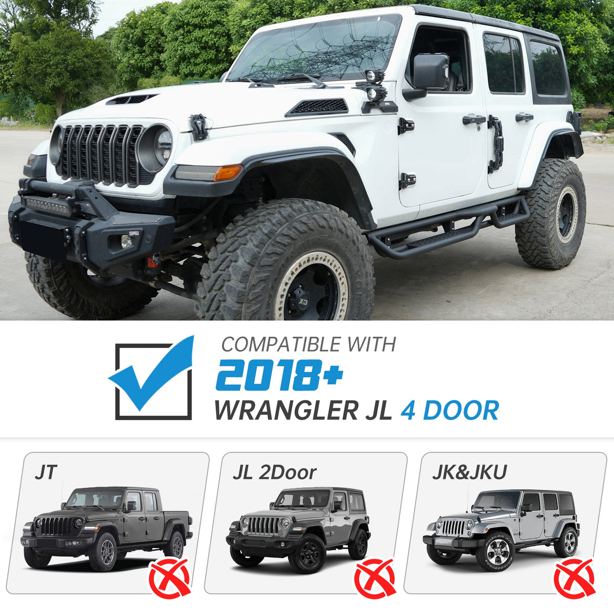 Coated Black Carbon 6 - Inch 2 - Stairs Side Step Rails Step Bars Steel Nerf Bars Running Boards Compatible with Jeep Wrangler JL 4 Doors 2018 - 2025 - Fab Heavy Parts