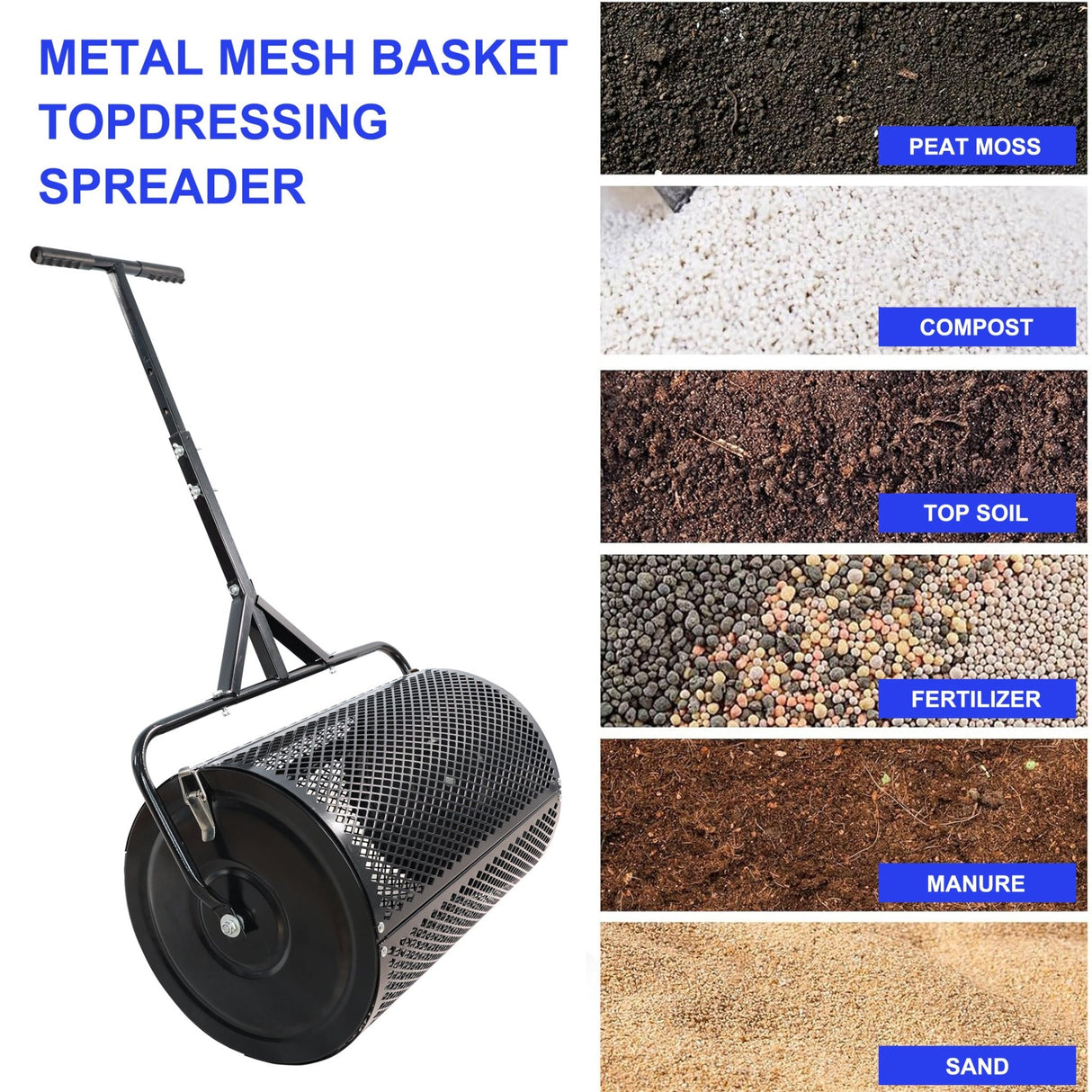 Compost Peat Moss Spreader with Upgrade T Shaped Handle Metal Mesh - Black - Fab Heavy Parts